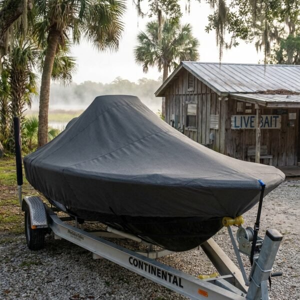 EdgeWater 155 CC boat cover in charcoal Sunbrella fabric on trailer at Homosassa Florida fish camp