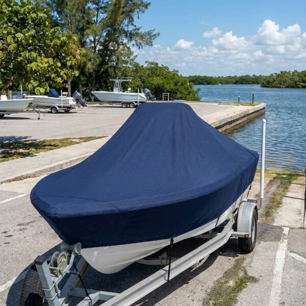 EdgeWater 158 CC boat cover in navy Sunbrella fabric on trailer at Sebastian Inlet Florida boat ramp