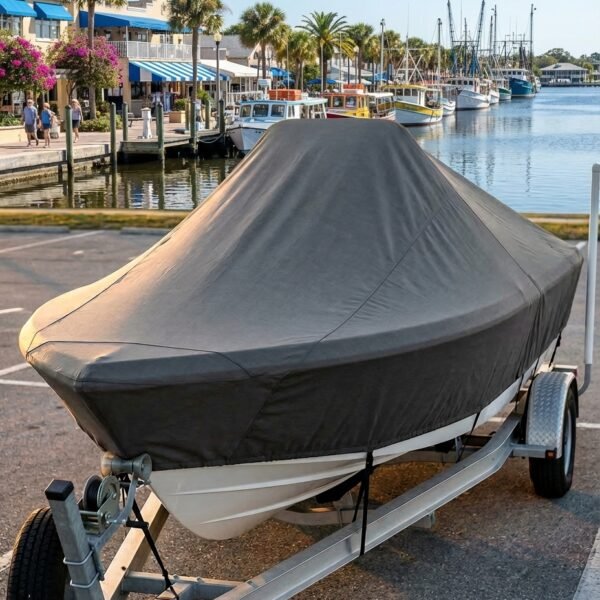 EdgeWater 175 CC boat cover in charcoal Sunbrella fabric on trailer at Tarpon Springs Florida sponge docks