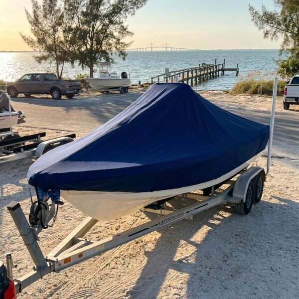 EdgeWater 185 CC boat cover in navy Sunbrella fabric on trailer at Anna Maria Island Florida boat ramp