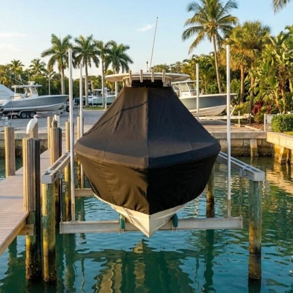 EdgeWater 185 T-Top boat cover in black Sunbrella fabric on dock lift at Edgewater Florida marina