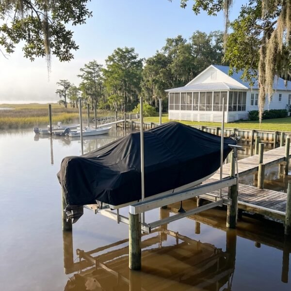 EdgeWater 188 LE CC boat cover in black Sunbrella fabric on dock lift at Apalachicola Florida riverfront