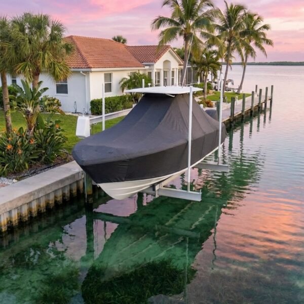 EdgeWater 188 T-Top boat cover in charcoal Sunbrella fabric on dock lift at Indian River Lagoon Florida