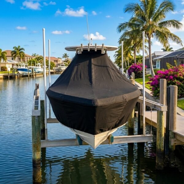 EdgeWater 228 T-Top boat cover in black Sunbrella fabric on dock lift at Cocoa Beach Florida marina
