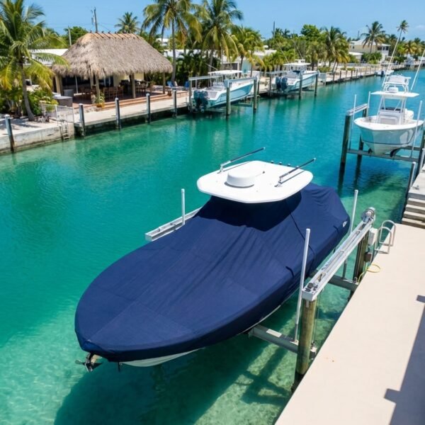 EdgeWater 245 T-Top boat cover in navy Sunbrella fabric on dock lift at Islamorada Florida Keys