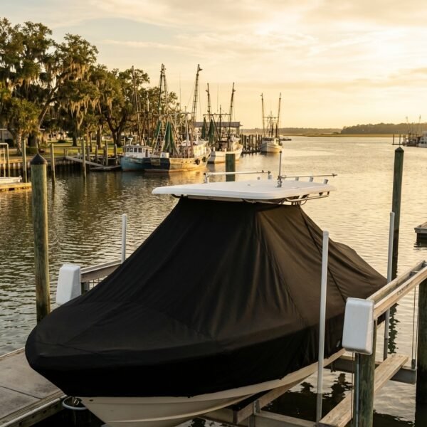 EdgeWater 248 CX T-Top boat cover in black Sunbrella fabric on dock lift at Amelia Island Florida marina