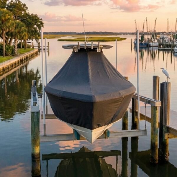 EdgeWater 262 T-Top boat cover in charcoal Sunbrella fabric on dock lift at Fernandina Beach Florida marina