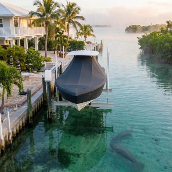 EdgeWater 265 EX T-Top boat cover in charcoal Sunbrella fabric on dock lift at Crystal River Florida