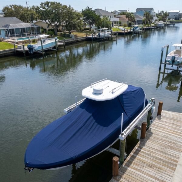EdgeWater 268 T-Top boat cover in navy Sunbrella fabric on dock lift at Outer Banks North Carolina canal