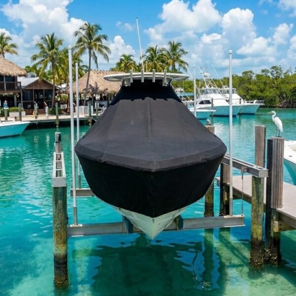 EdgeWater 280 CC T-Top boat cover in black Sunbrella fabric on dock lift at Marathon Florida Keys marina