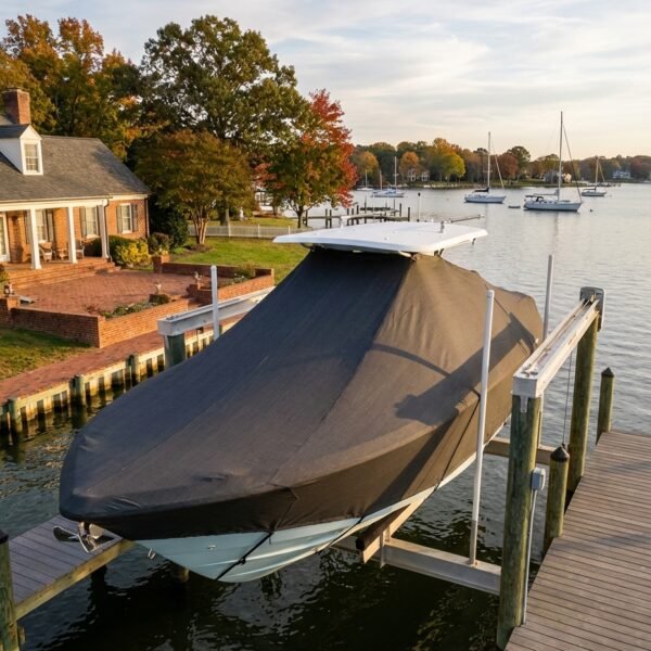EdgeWater 285 T-Top boat cover in charcoal Sunbrella fabric on dock lift at Chesapeake Bay Annapolis Maryland