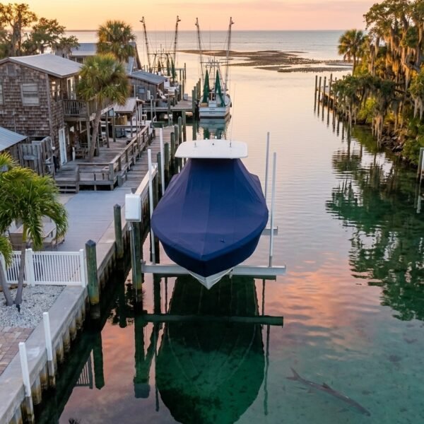EdgeWater 318 T-Top boat cover in navy Sunbrella fabric on dock lift at Cedar Key Florida marina