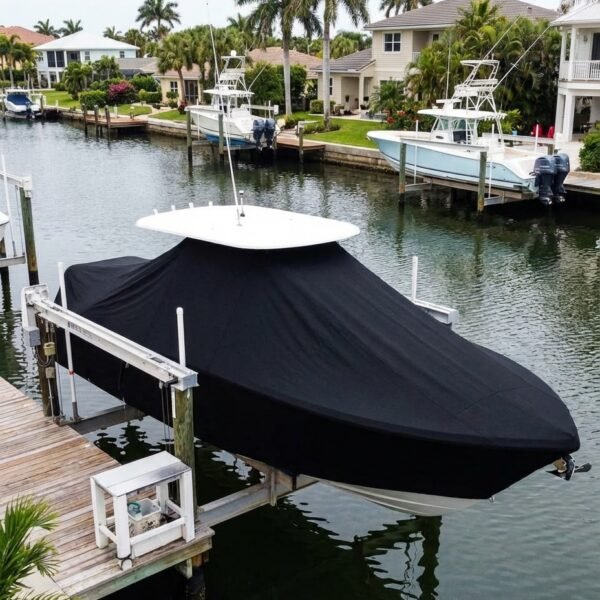 EdgeWater 320 T-Top boat cover in black Sunbrella fabric on dock lift at Jupiter Florida canal