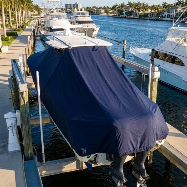 EdgeWater 370 T-Top boat cover in navy Sunbrella fabric on dock lift at Palm Beach Florida marina
