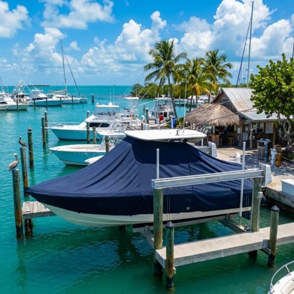 EdgeWater 388 T-Top boat cover in black Sunbrella fabric on dock lift at Key West Florida marina