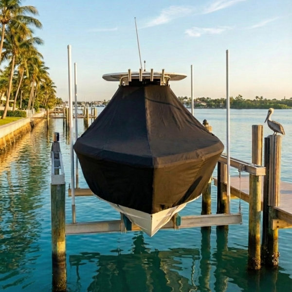 Everglades 210 T-Top boat cover in Black Sunbrella fabric on dock lift at Edgewater, FL on the Indian River Lagoon