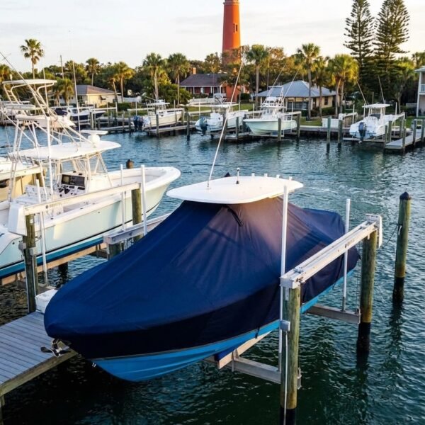 Everglades 223 T-Top boat cover in Navy Sunbrella fabric on canal lift at Ponce Inlet, FL marina