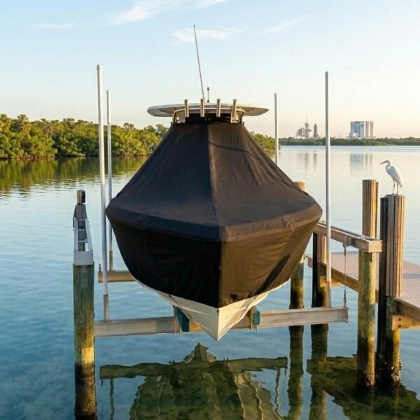 Everglades 230 T-Top boat cover in Black Sunbrella fabric on dock lift at Mosquito Lagoon, FL