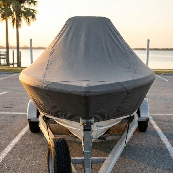 Grady White 17 CC center console boat cover in charcoal Sunbrella fabric on trailer