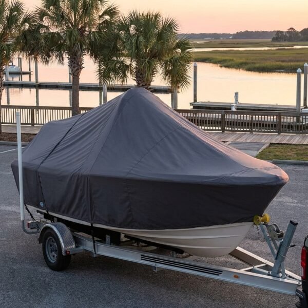 Grady White 180 center console boat cover in charcoal Sunbrella fabric on trailer at marina