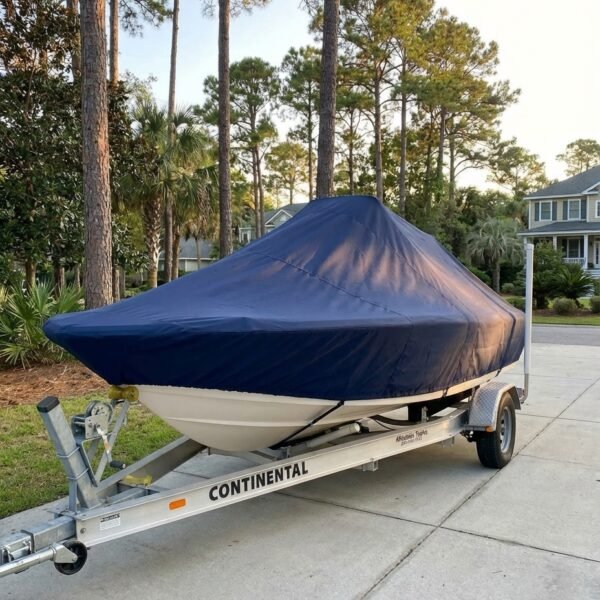 Grady White 180 Sportsman center console boat cover in navy Sunbrella fabric on trailer in driveway