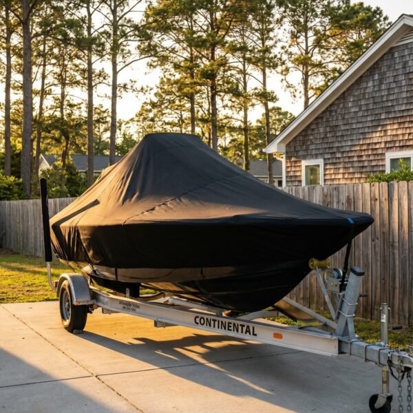 Grady White 185 center console boat cover in black Sunbrella fabric on trailer in coastal driveway
