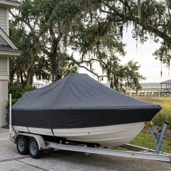 Grady White 191 Coastal Explorer center console boat cover in charcoal Sunbrella fabric on trailer at Hilton Head SC coastal home