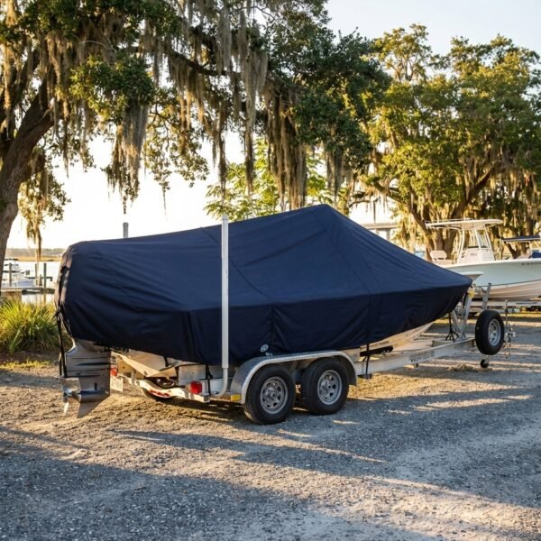 Grady White 20 Adventure center console boat cover in navy Sunbrella fabric on trailer at marina