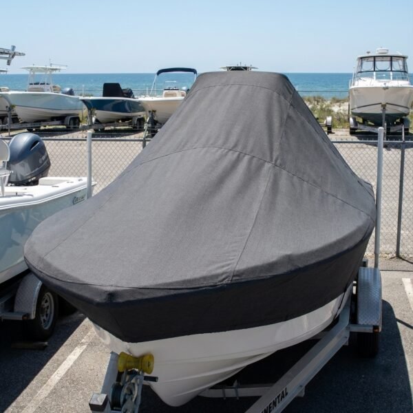 Grady White 215 center console boat cover in charcoal Sunbrella fabric on trailer at Orange Beach AL marina
