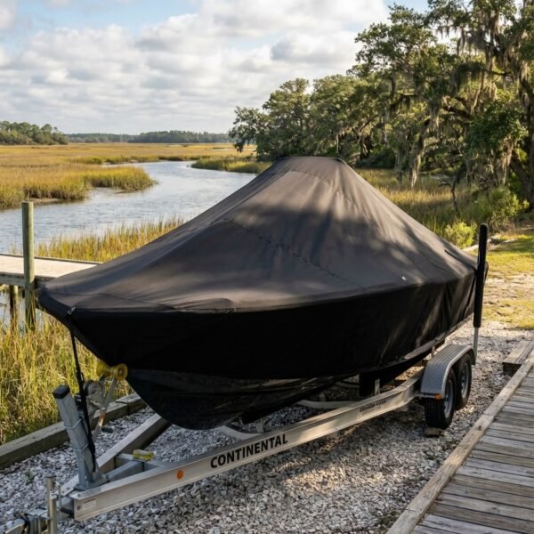 Grady White 22 Seafarer center console boat cover in black Sunbrella fabric on trailer at boatyard