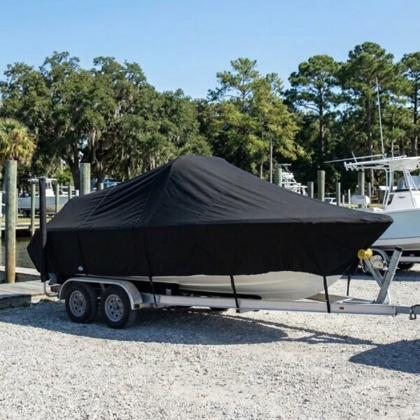 Grady White 225 Tournament center console boat cover in black Sunbrella fabric on trailer at Swansboro NC marina