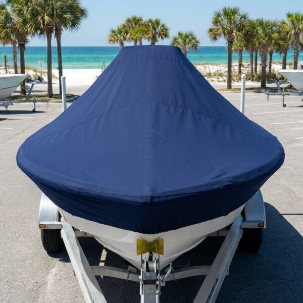Grady White 255 Freedom center console boat cover in navy Sunbrella fabric on trailer at Destin FL marina