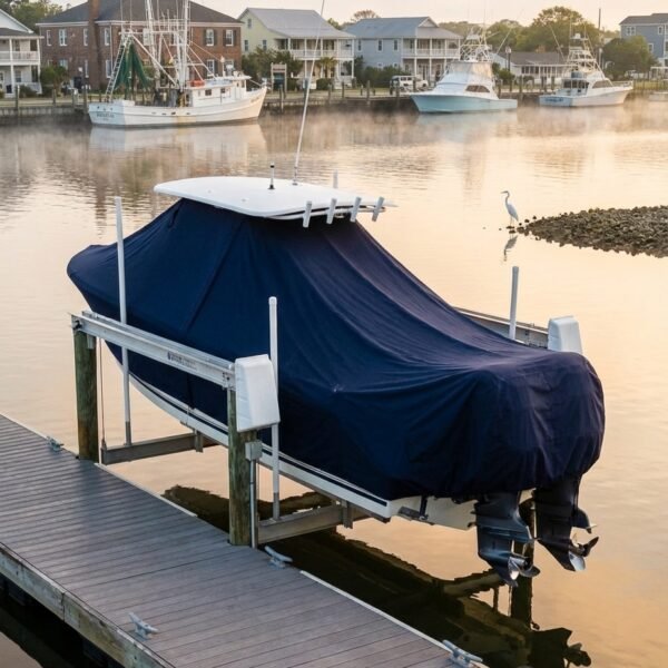 Grady White 273 Chase T-Top boat cover in navy Sunbrella fabric on marina lift
