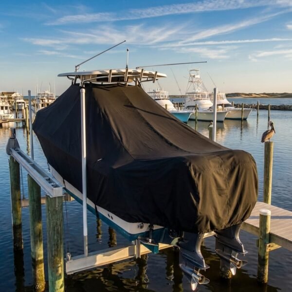 Grady White 300 Marlin T-Top boat cover in black Sunbrella fabric at sportfishing marina
