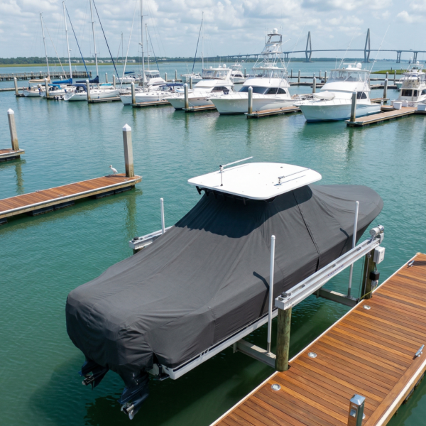 Grady White 306 Bimini T-Top boat cover in charcoal Sunbrella fabric overhead view