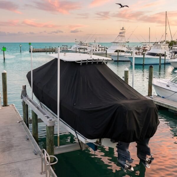 Grady White 306 Canyon T-Top boat cover in black Sunbrella fabric on canal lift