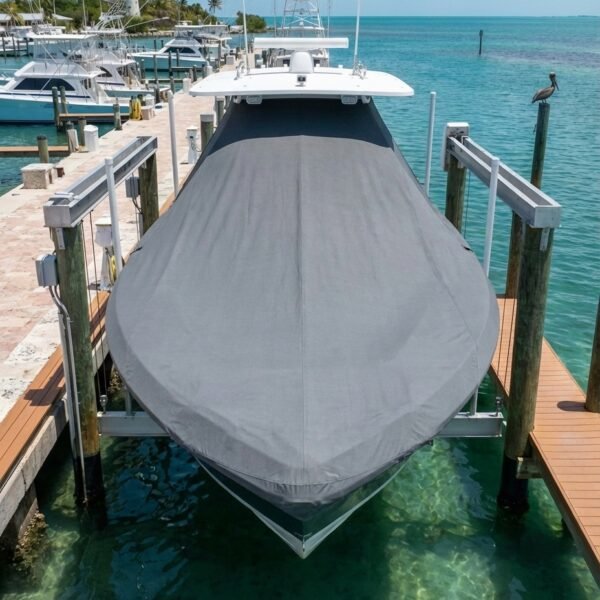 Grady White 326 Canyon T-Top boat cover in charcoal Sunbrella fabric with triple outboard engines