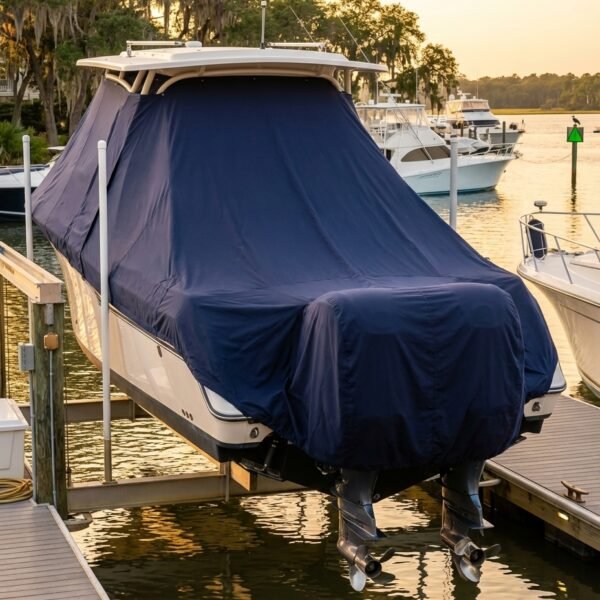 Grady White 330 Express T-Top boat cover in navy Sunbrella fabric on dock lift