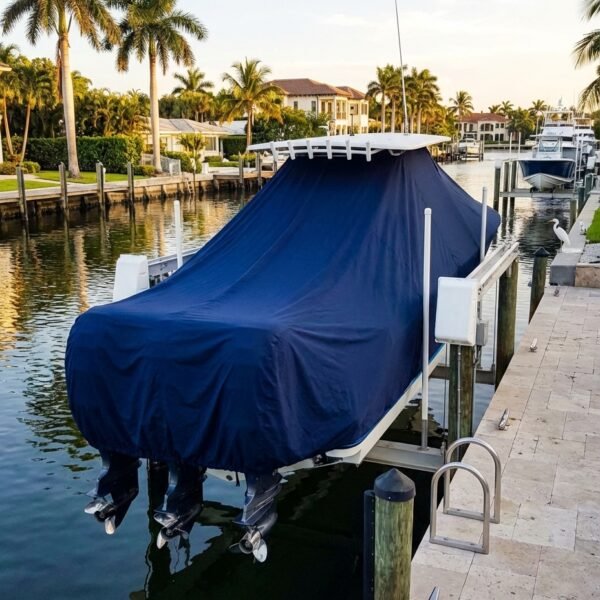 Grady White 336 Canyon T-Top boat cover in navy Sunbrella fabric with triple outboard engines