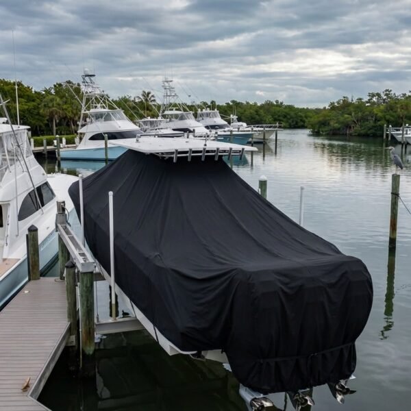 Grady White 366 T-Top boat cover in black Sunbrella fabric with triple outboard engines