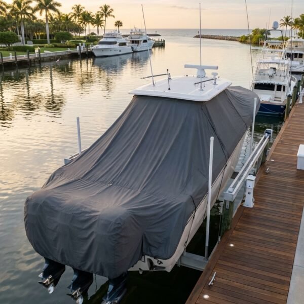 Grady White 376 T-Top boat cover in charcoal Sunbrella fabric with triple outboard engines