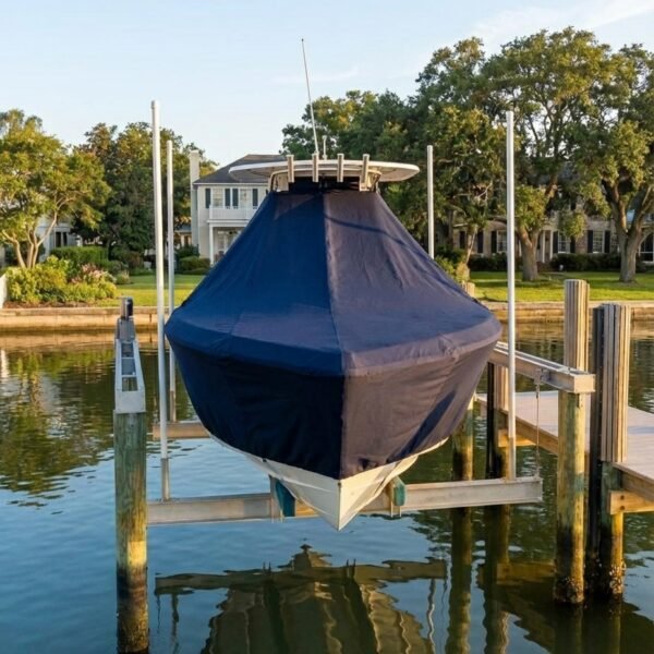 NauticStar 1900 T-Top boat cover in Navy Sunbrella fabric on dock lift at Fairhope, AL