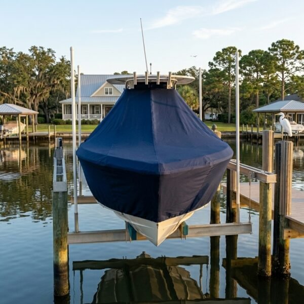 NauticStar 195 Bay T-Top boat cover in Navy Sunbrella fabric on dock lift at Gulf Shores, AL