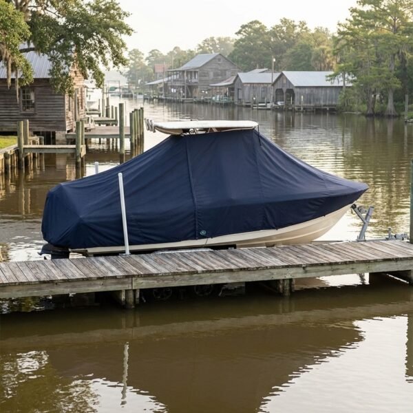 NauticStar 211 Angler T-Top boat cover in Navy Sunbrella fabric on dock lift at Apalachicola, FL