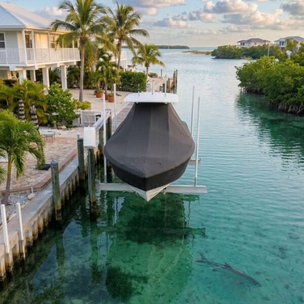 NauticStar 215 XTS T-Top boat cover in Charcoal Sunbrella fabric on dock lift at Panama City Beach, FL