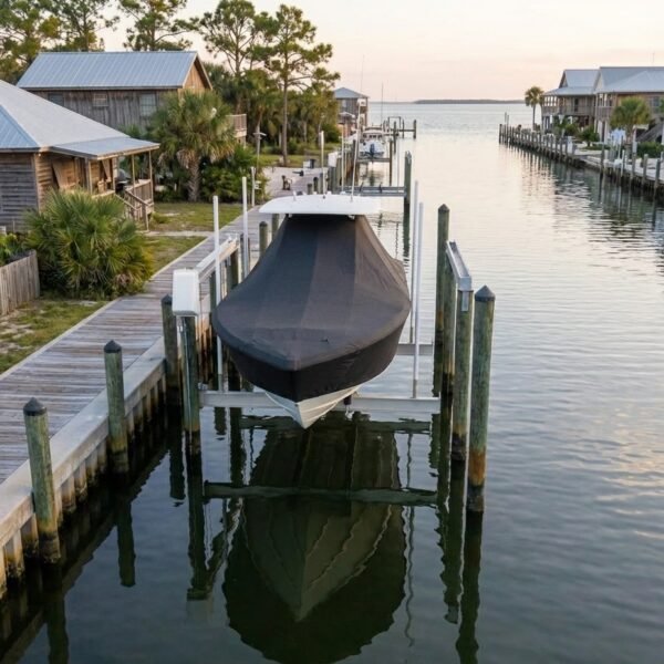 NauticStar 2200 T-Top boat cover in Charcoal Sunbrella fabric on dock lift at Port St. Joe, FL