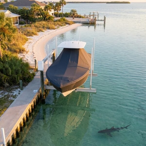 NauticStar 2200 Tournament T-Top boat cover in Charcoal Sunbrella fabric on dock lift at Navarre, FL