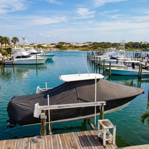 NauticStar 2200 XS T-Top boat cover in Charcoal Sunbrella fabric on canal lift at Destin, FL