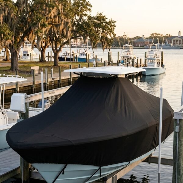 NauticStar 231 Coastal T-Top boat cover in Black Sunbrella fabric on dock lift at Pensacola, FL