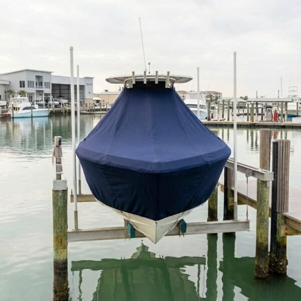 NauticStar 25 XS T-Top boat cover in Navy Sunbrella fabric on dock lift at Biloxi, MS